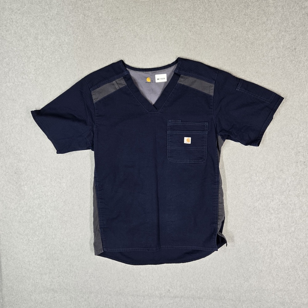 Carhartt Men Scrub Top S Navy Two Tone Slim Fit Six Pocket Short Sleeve